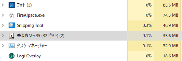 タスクマネージャーの筆まめのメモリ使用量の画像